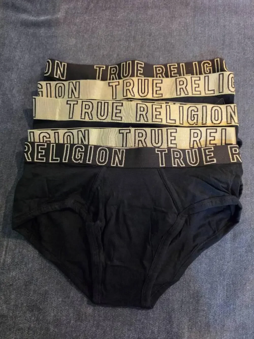 True Religion Mens Briefs Underwear Set 5 Pack NWOT Medium Black Gold Waistband